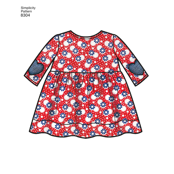 Simplicity Pattern 8304 babies leggings top dress bibs and headband from Jaycotts Sewing Supplies