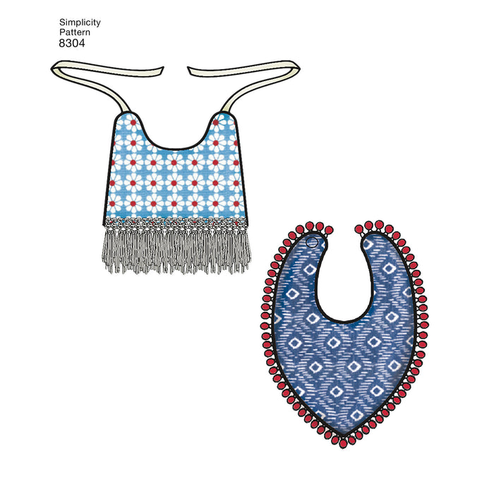 Simplicity Pattern 8304 babies leggings top dress bibs and headband from Jaycotts Sewing Supplies