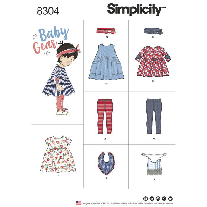 Simplicity Pattern 8304 babies leggings top dress bibs and headband from Jaycotts Sewing Supplies