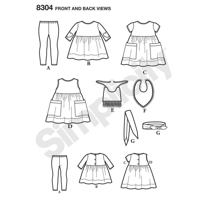Simplicity Pattern 8304 babies leggings top dress bibs and headband from Jaycotts Sewing Supplies