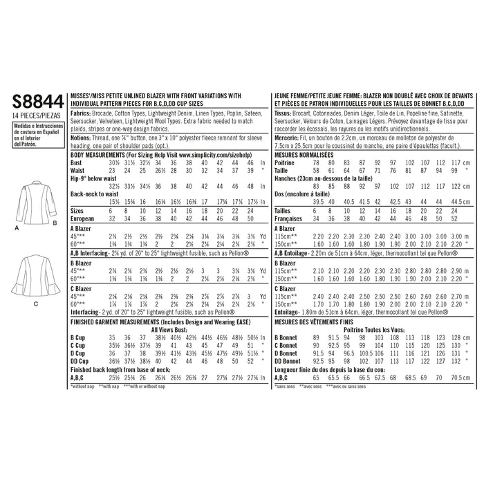Simplicity Pattern 8844-misses miss petite unlined blazer pattern from Jaycotts Sewing Supplies