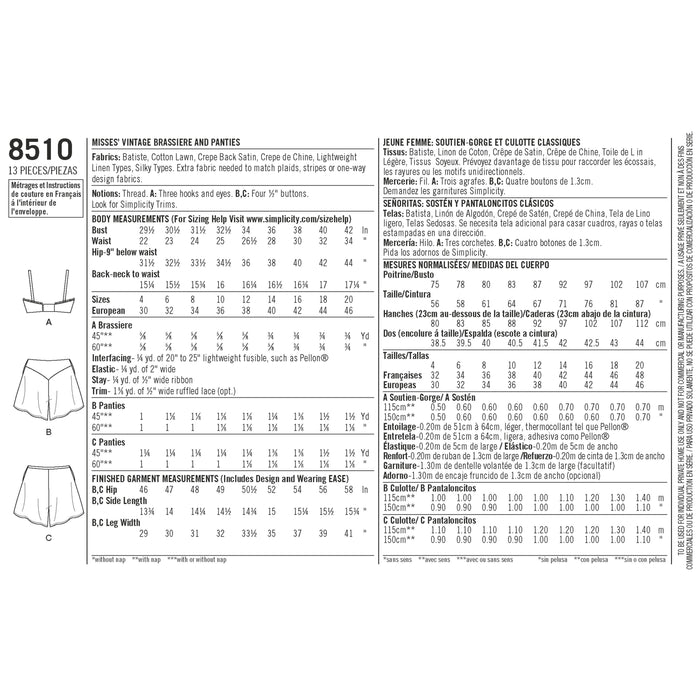 Simplicity Pattern 8510  miss vintage brassiere panties from Jaycotts Sewing Supplies